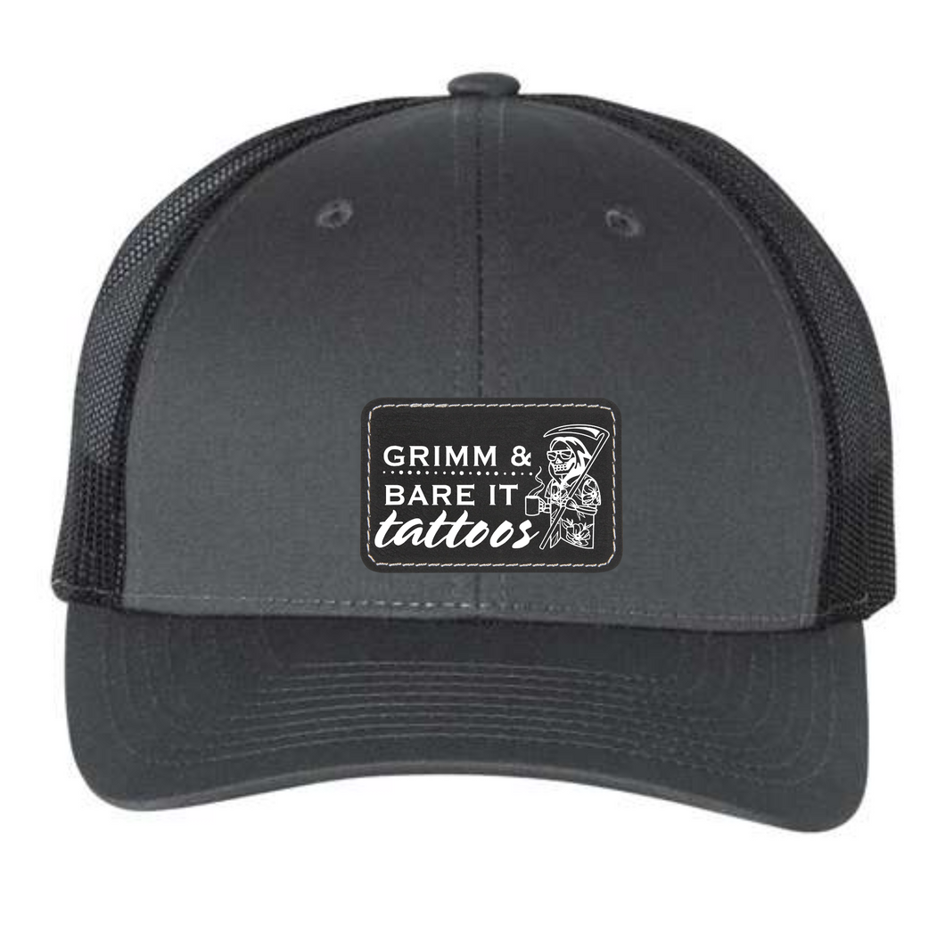 Grimm & Bare It- charcoal/black richardson 112 hat with black reaper patch