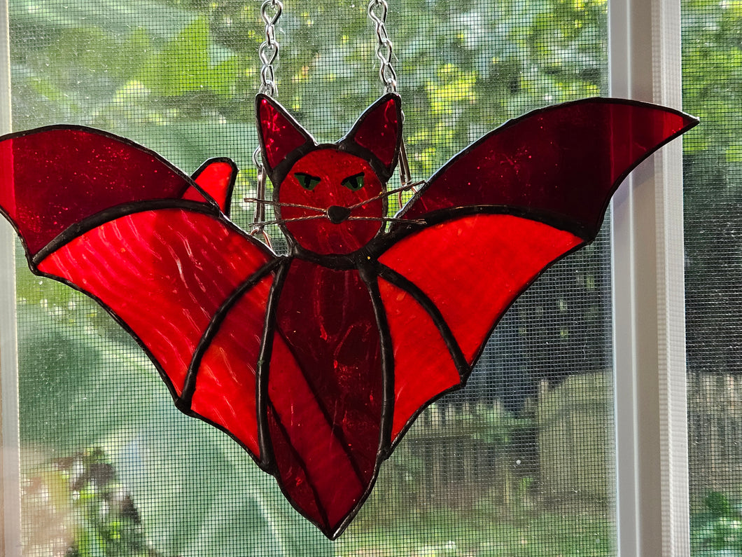 Stained Glass Hanging Catty Bat - Red