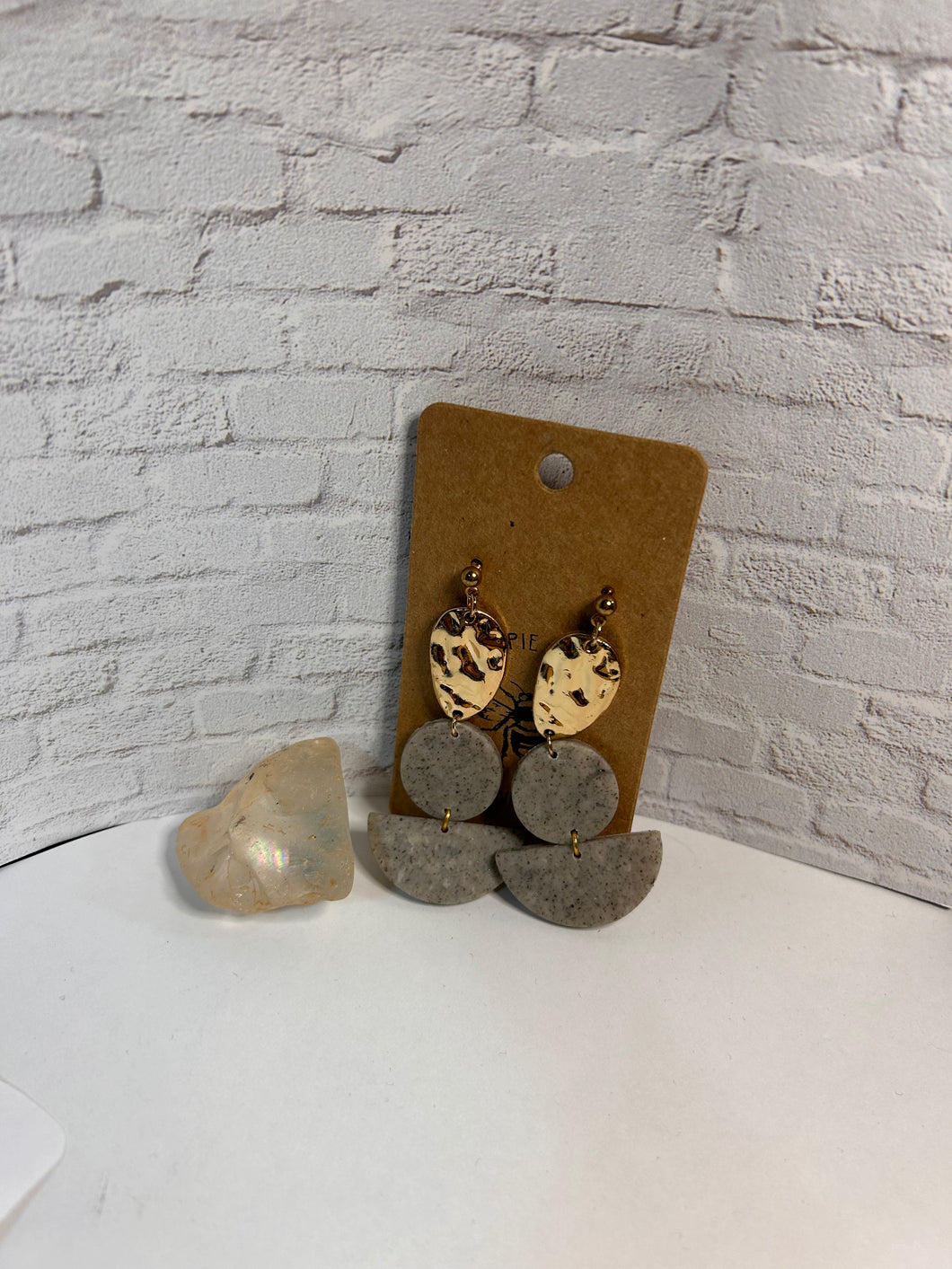 Faux grey stone and gold geometric chandelier stud earrings