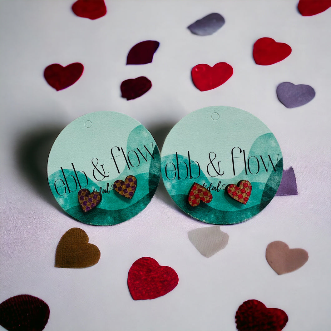 purple checker heart stud earring-wood