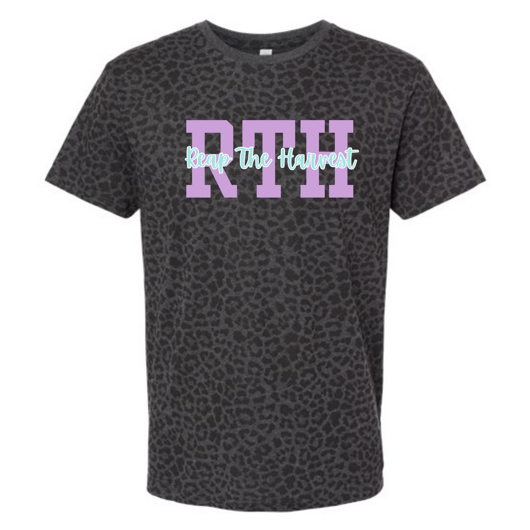 RTH purple/mint logo on leopard tee- ADULT and YOUTH- not guaranteed for holiday arrival