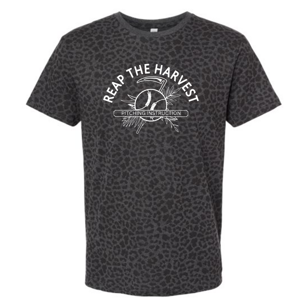 RTH original white logo on leopard tee- ADULT and YOUTH- not guaranteed for holiday arrival