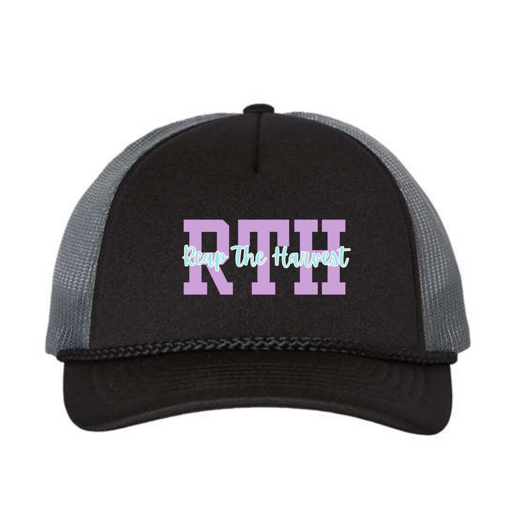 RTH black richardson foamie hat w/mint and purple logo