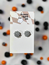 Load image into Gallery viewer, Holographic glitter black spiderwebs stud earrings
