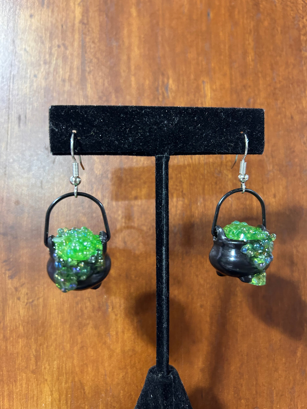 Green potion bubbling cauldron earrings