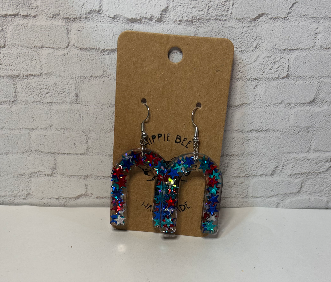 Red white and blue star spangled resin arch earrings