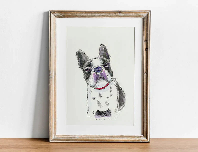 Boston Terrier dog watercolor 5x7 print