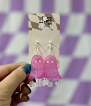 Load image into Gallery viewer, Groovy pink ghosts chandelier earrings
