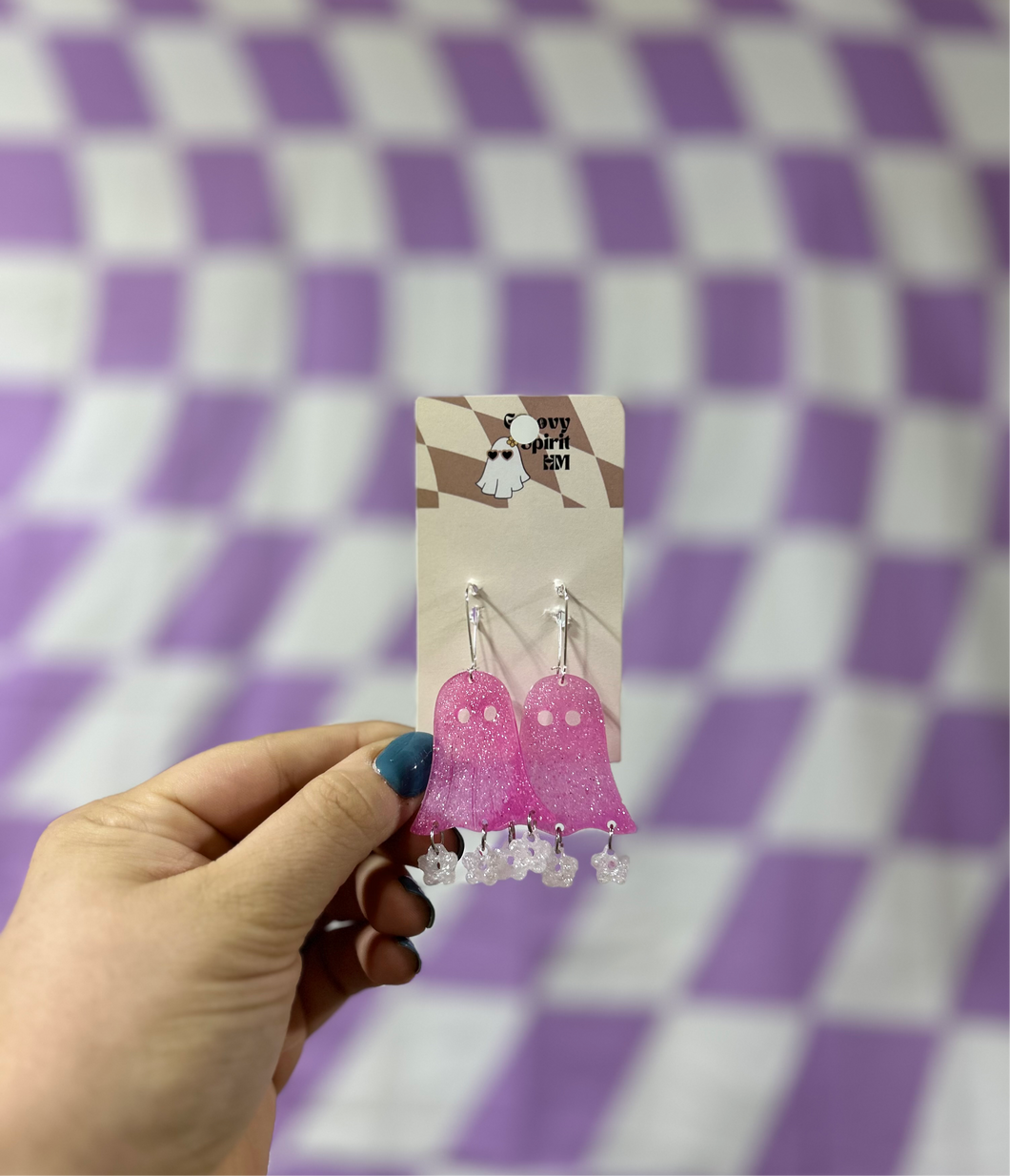 Groovy pink ghosts chandelier earrings