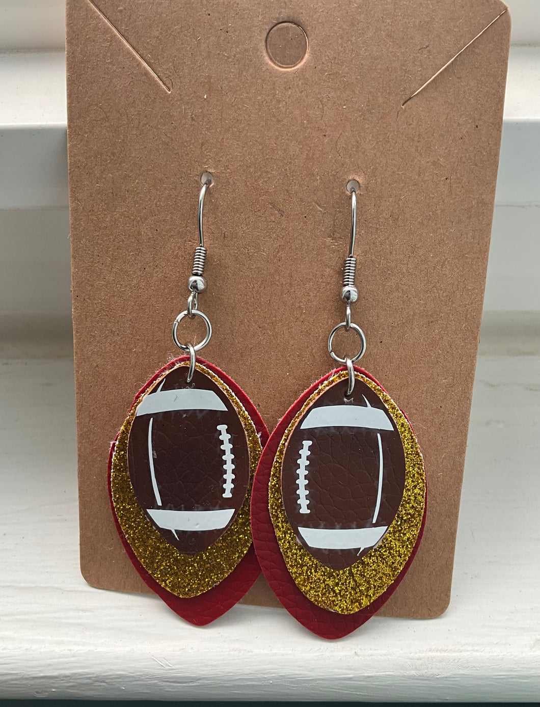 Burgundy and Gold Football Faux Leather Earrings