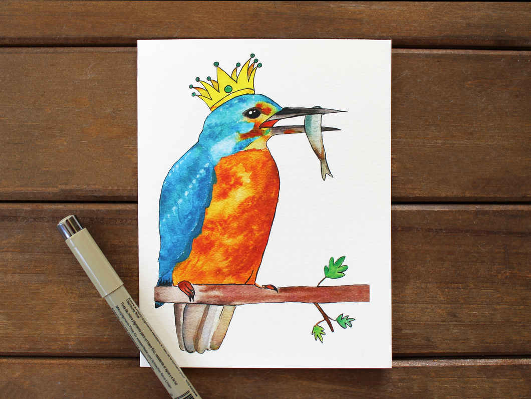 Crown Jewel-- Kingfisher Bird Painted Cardstock Card