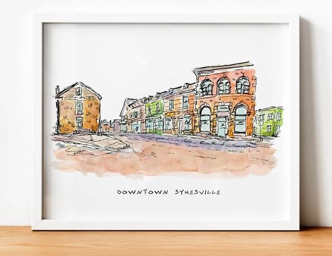 Sykesville Downtown Watercolor Illustration 5x7