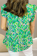 Load image into Gallery viewer, Ruffled Printed Tie Neck Cap Sleeve Blouse
