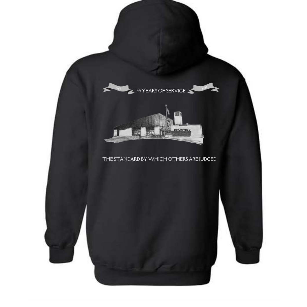 black hooded sweatshirt- Banneker fire station 55th anniversary shirt