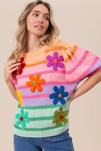 Load image into Gallery viewer, BiBi Flower Patch Puff Sleeve Striped Sweater
