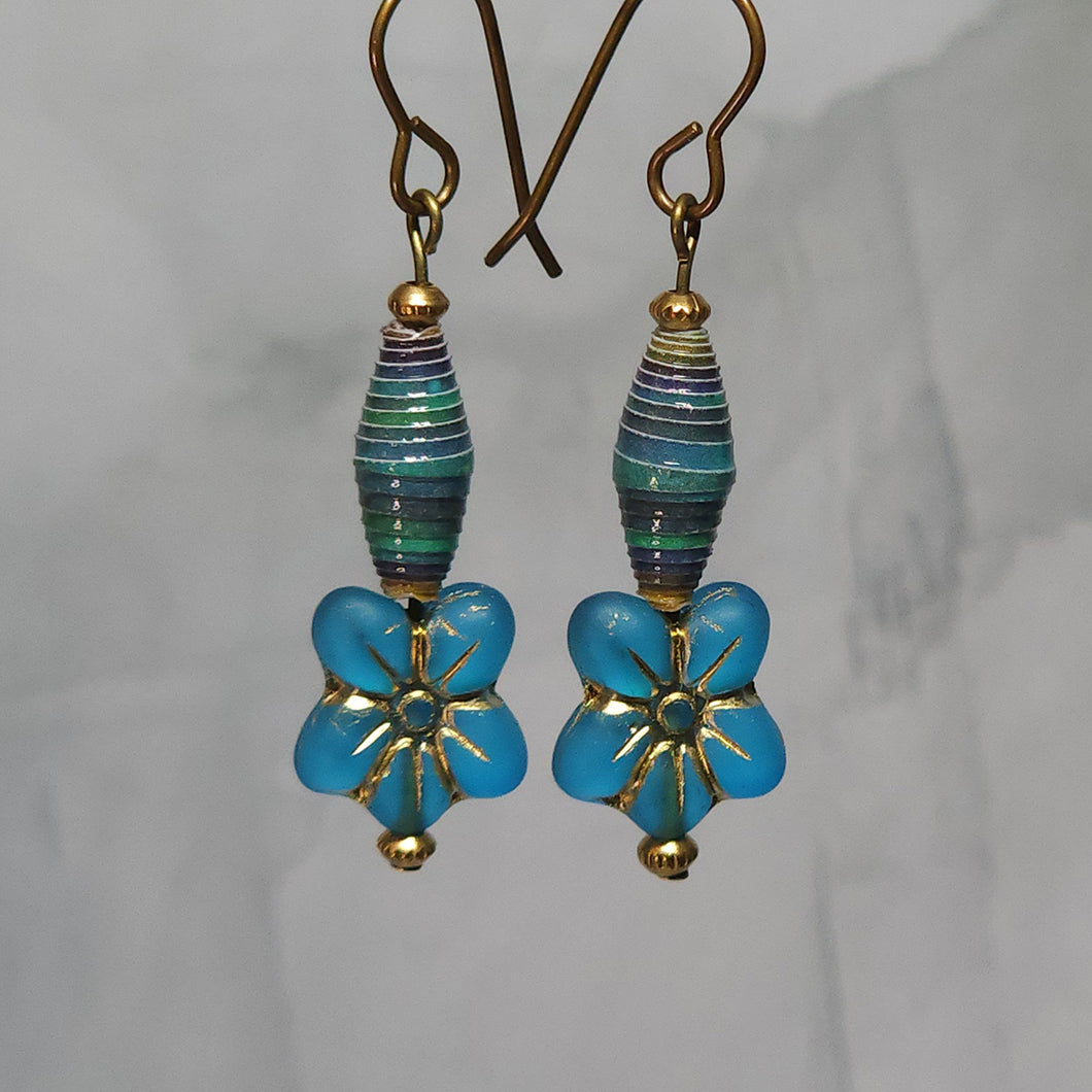 Teal Retro Flower and Paper Bead Earrings - 1-7/8