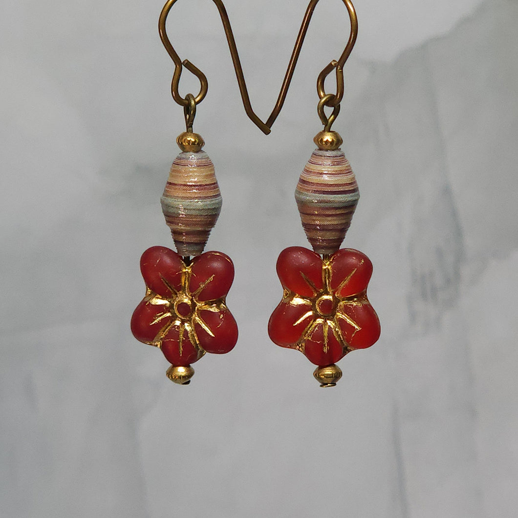 Red Retro Flower and Earthtone Paper Bead Earrings - 1-3/4