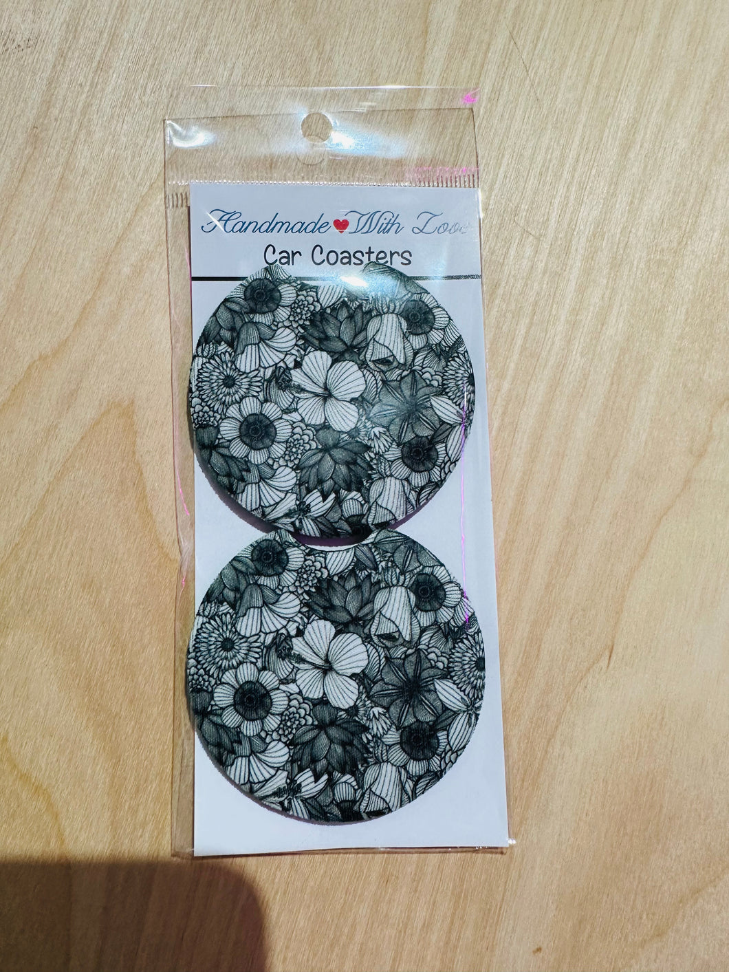 black/white floral car coaster- set of 2