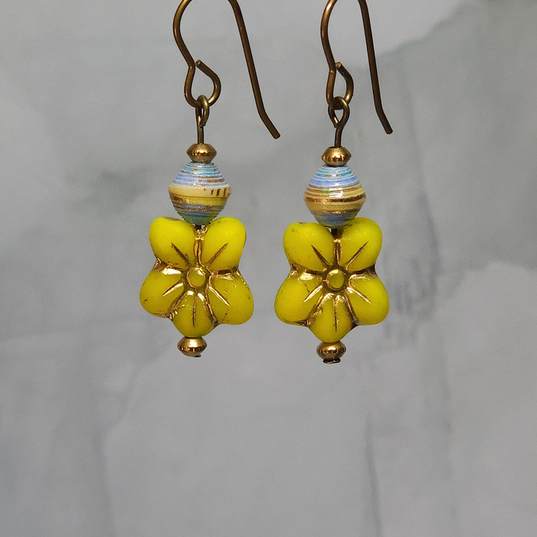 Yellow Retro Flower and Blue/Yellow Paper Bead Earrings - 1-5/8