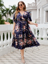 Load image into Gallery viewer, Plus Size Floral Surplice Neck Midi Dress
