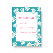 Load image into Gallery viewer, Blue and Yellow Daisy Notepad | 5x7&quot; Notepad with 50 Tear-Off Pages | Fun, Spring Floral Notepad
