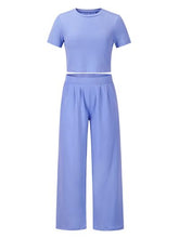 Load image into Gallery viewer, Round Neck Short Sleeve Top and Pocketed Pants Set
