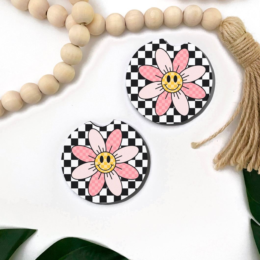 Retro Flower Checkered Car Coasters