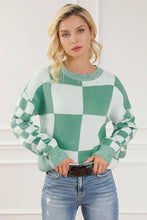 Load image into Gallery viewer, Checkered Drop Shoulder Long Sleeve Sweater
